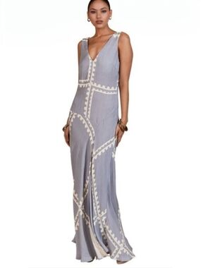 Anthro Mon Renn Postcards Maxi Dress Blue Bias Cut NWT M